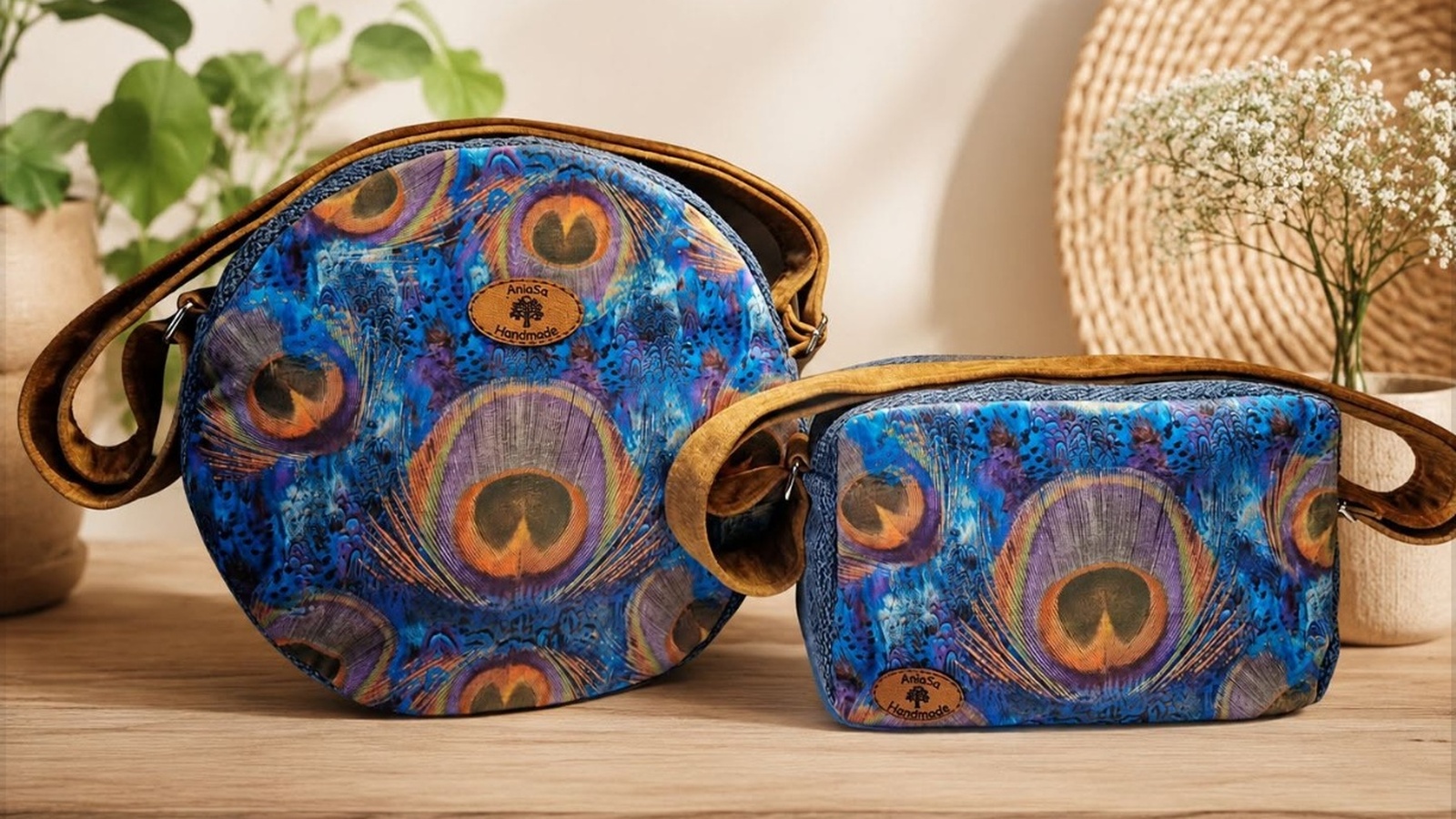 Okrągła i prostokątna torba AniaSa Handmade we wzór pawich piór